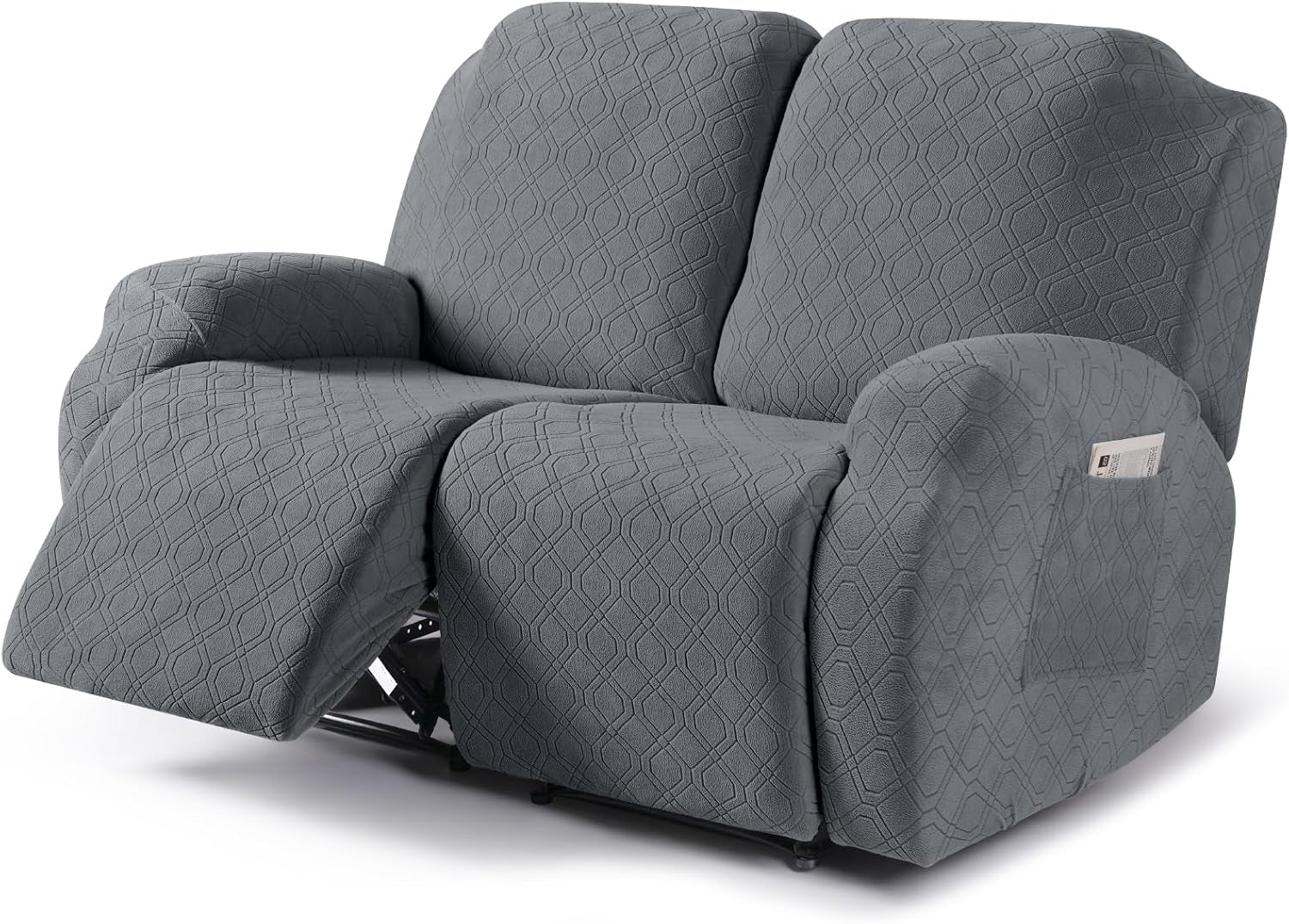 Three-seat recliner dressed in mid-gray patterned cover with the left seat reclined and a pocket on the right arm