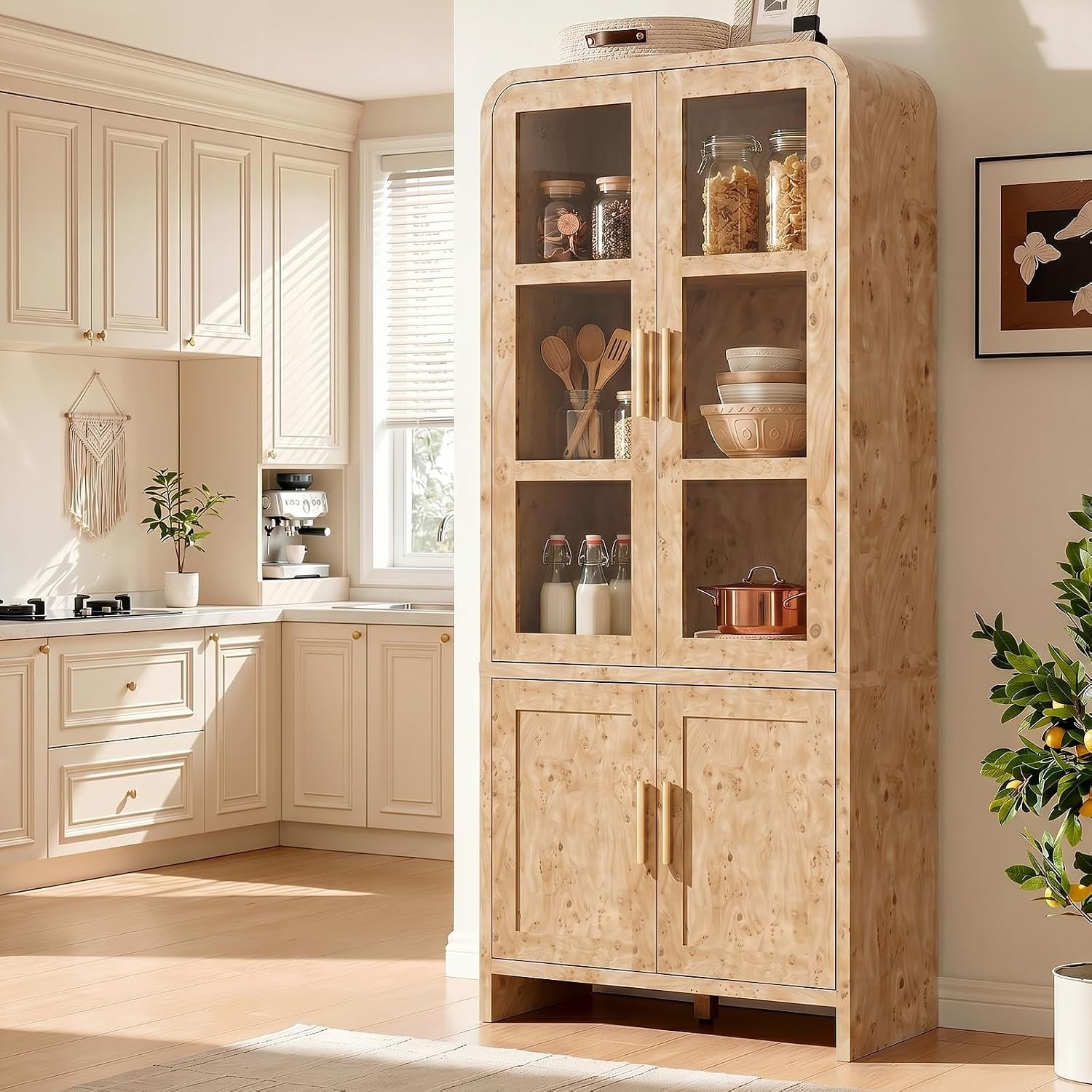 Light burl pantry beside a windowed kitchen corner, shelves showing jars and stacked bowls