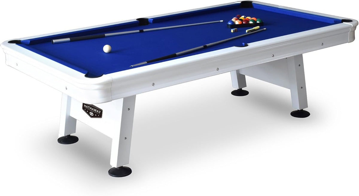 White 8-foot pool table angled front view with blue felt, two cues, racked balls and cue ball on the playfield