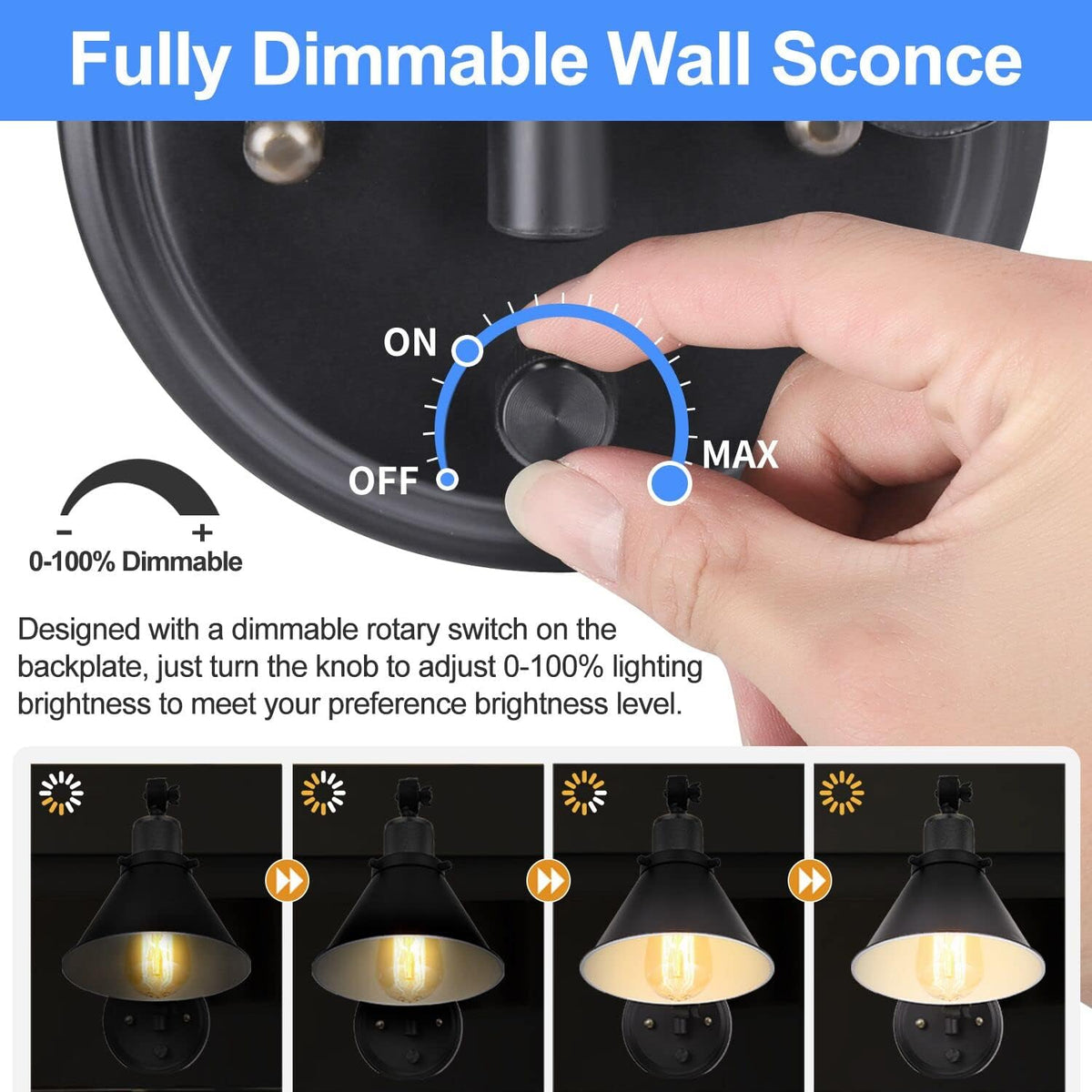 Close-up of backplate dimmer knob being turned with four brightness demo panels below
