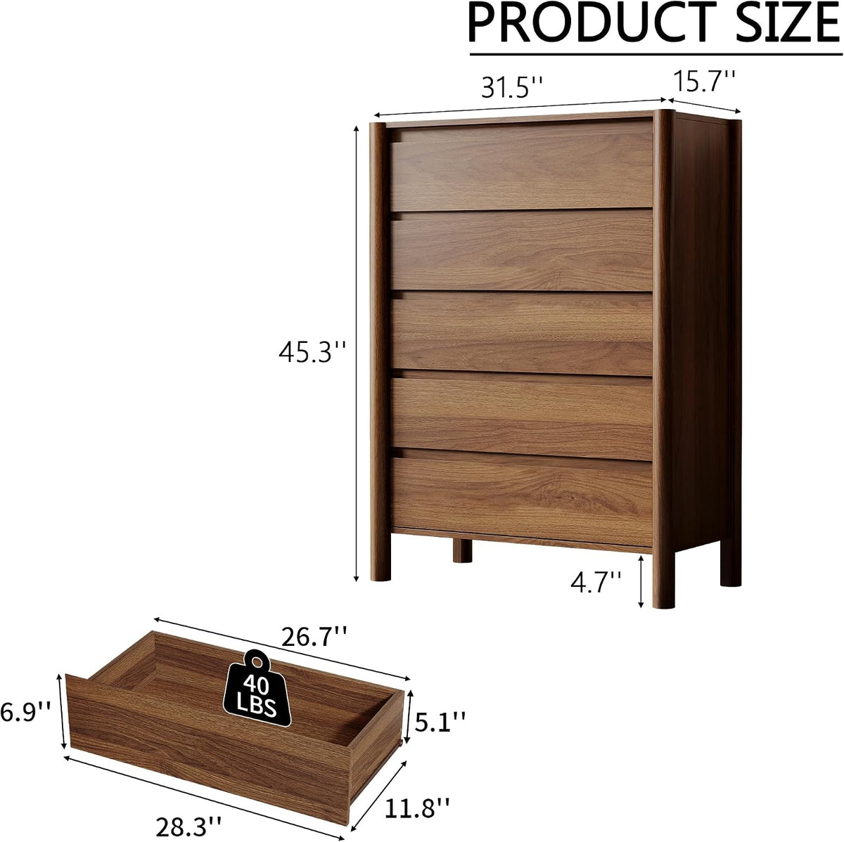 Walnut-finish five-drawer chest shown in a dimension diagram