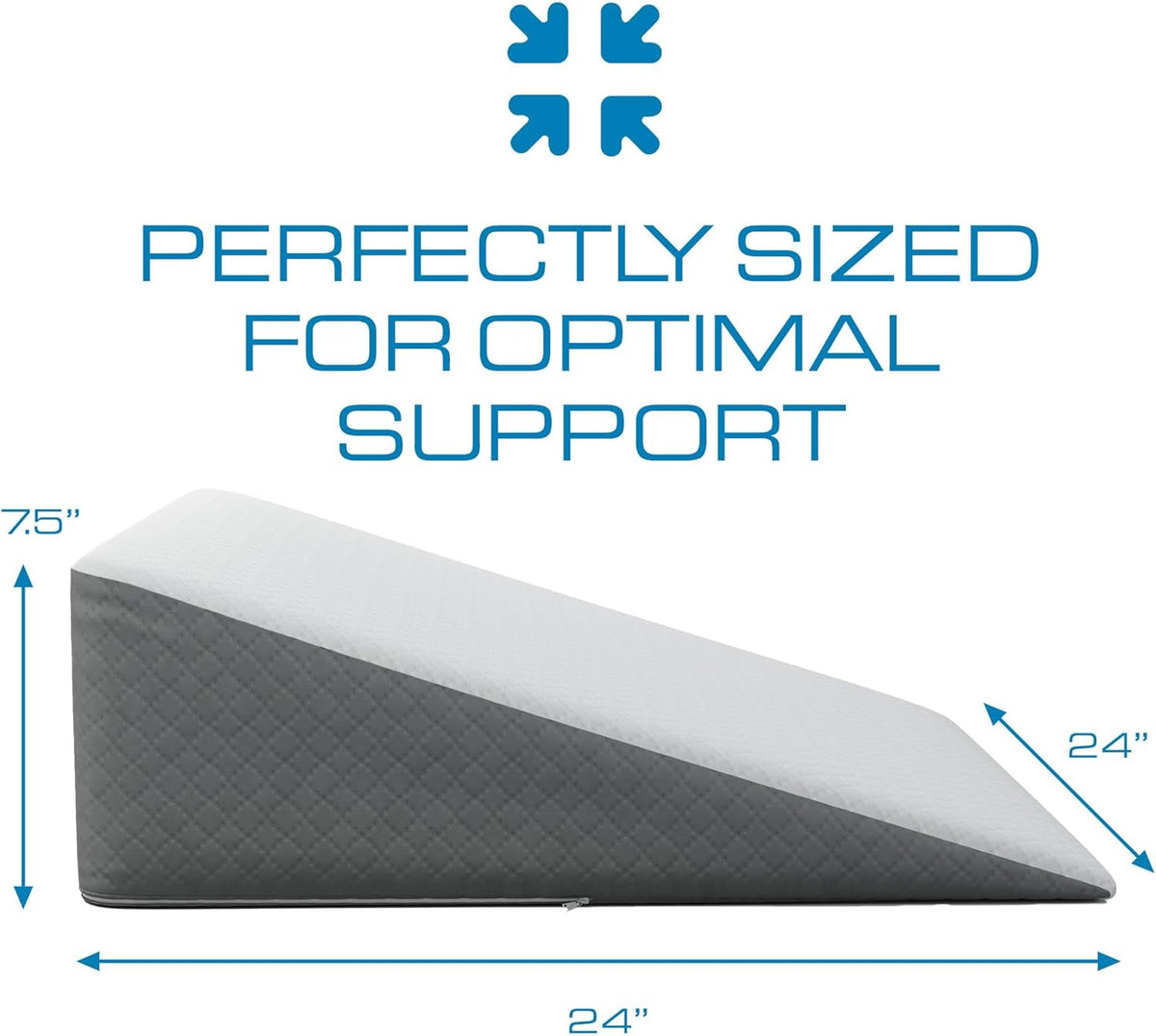 Side profile of gray-and-white wedge pillow shown with arrows indicating its dimensions.