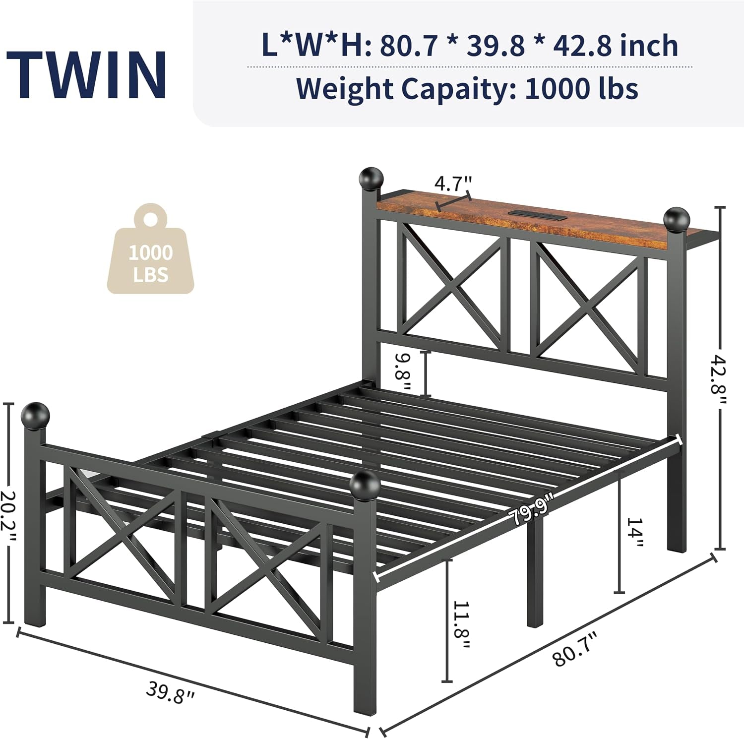 Technical diagram of the bed frame showing a slatted platform, headboard shelf and dimensional callouts
