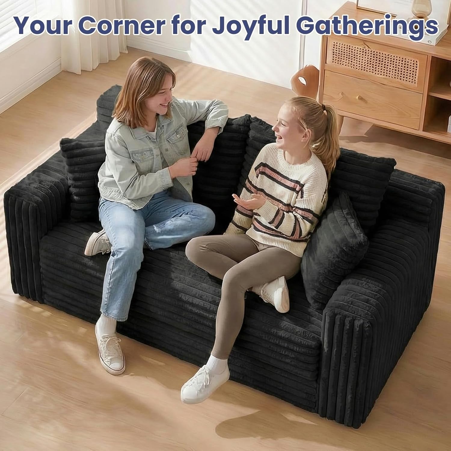 3-In-1 Convertible Sofa Bed: Boneless Loveseat Sleeper & Folding Couch Bed with 4 Pillows & Detachable Cushion,Furry Futon Couch for Bedroom,Apartment,Office and Living Room, No Assembly,Black