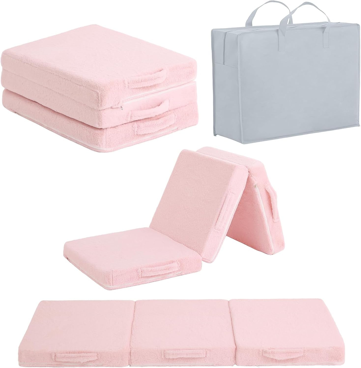 Light pink tri-fold mattress shown stacked, partially folded tent, and fully flat with gray storage bag