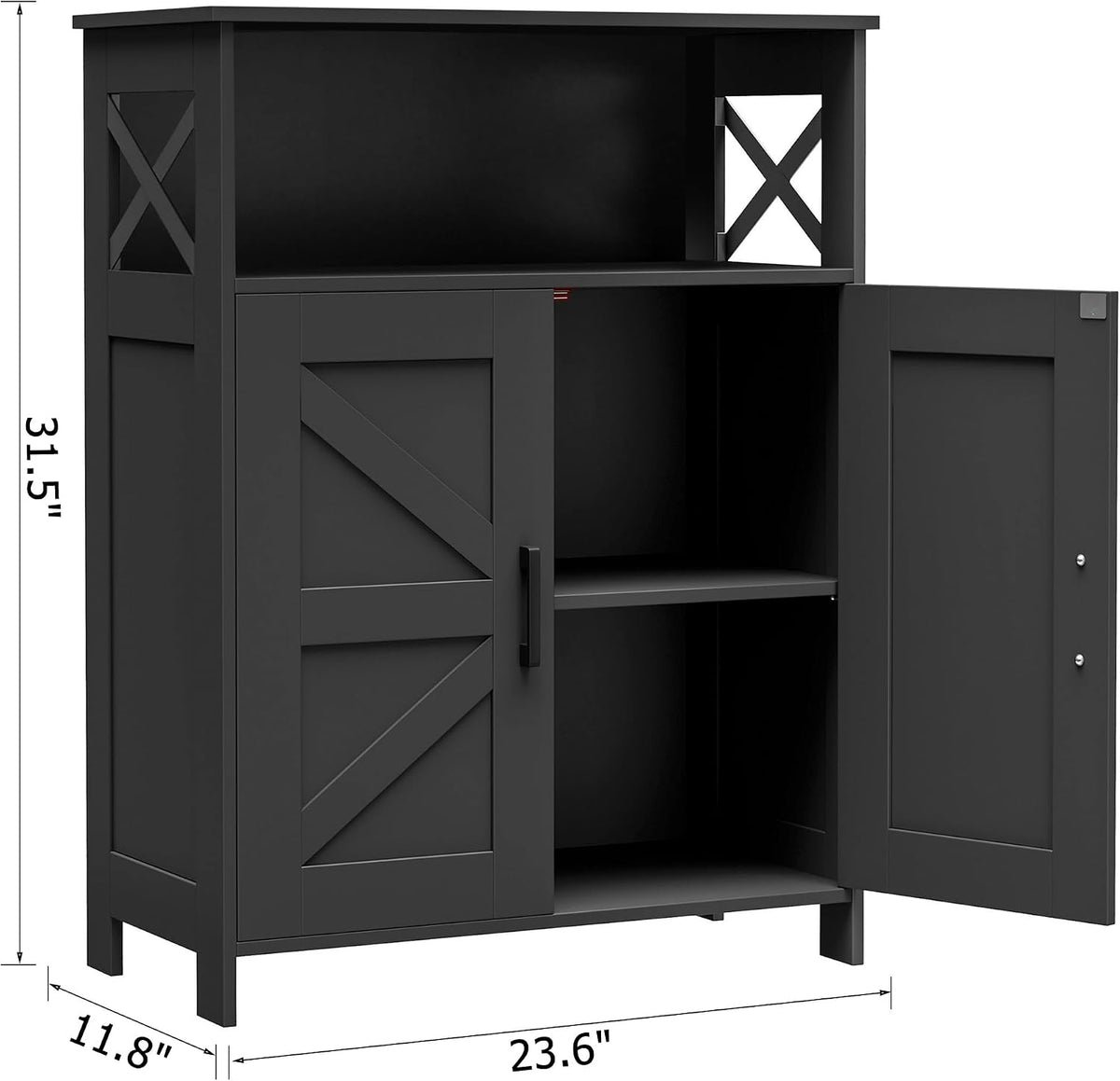 Black bathroom floor cabinet three-quarter front view with dimensions labeled 11.8"D x 23.6"W x 31.5"H