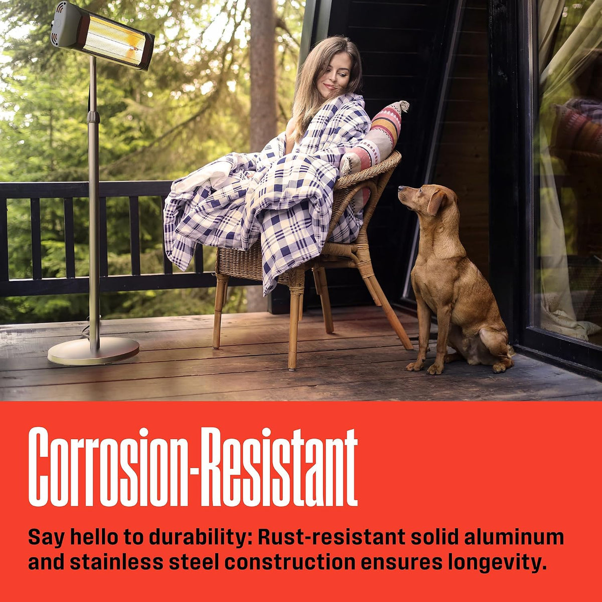 Adjustable-height patio heater next to a woman wrapped in a blanket and a dog on a balcony