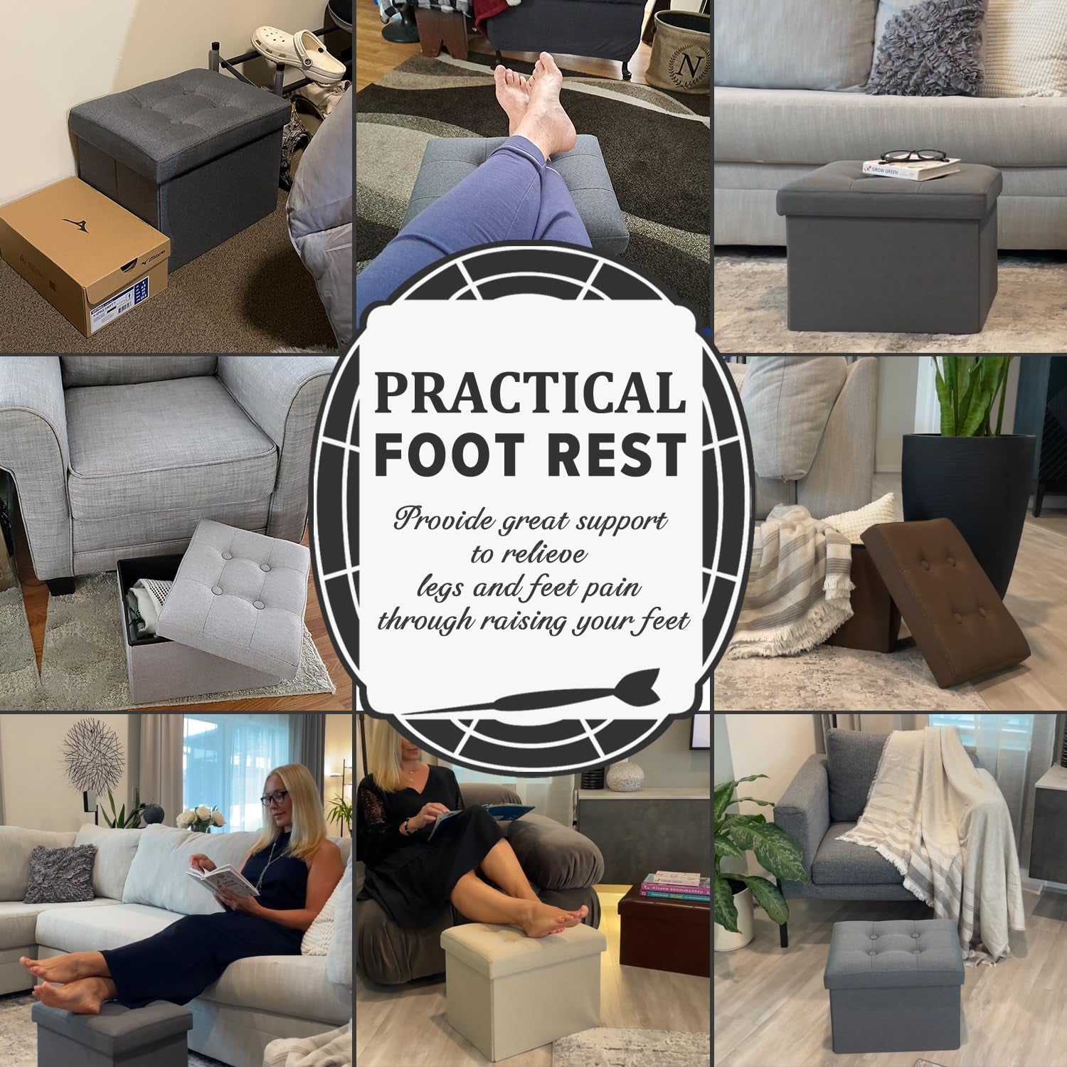 Collage of scenes showing dark gray ottoman used as footrest, storage and living room accent