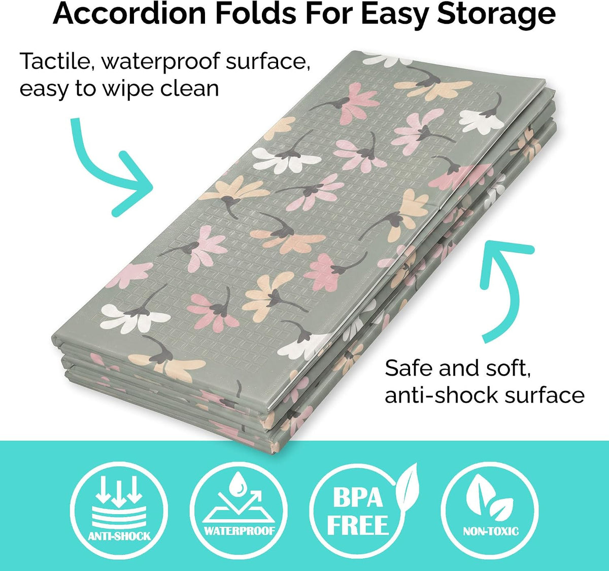 Folded stack of the floral play mat showing textured surface and layered accordion folds