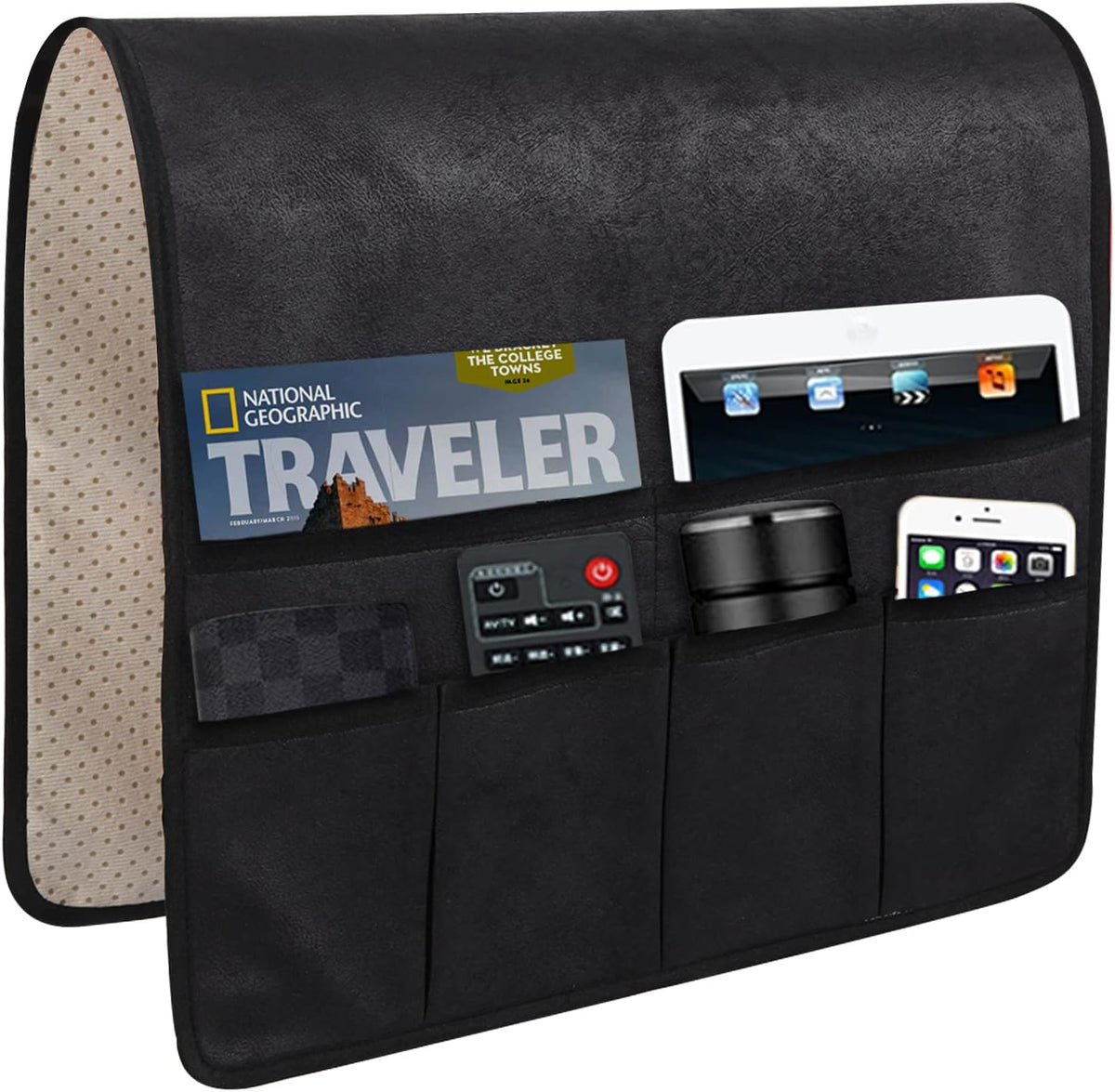 Black armrest caddy shown flat with tablet, magazine and remotes staged in its pockets.