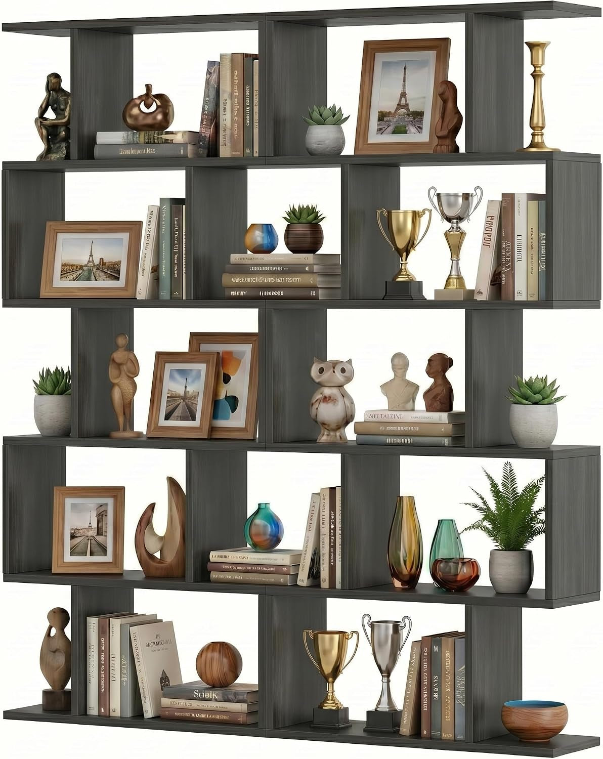Gray finish S-shaped five-tier bookshelf shown against a white background with decorative objects on shelves