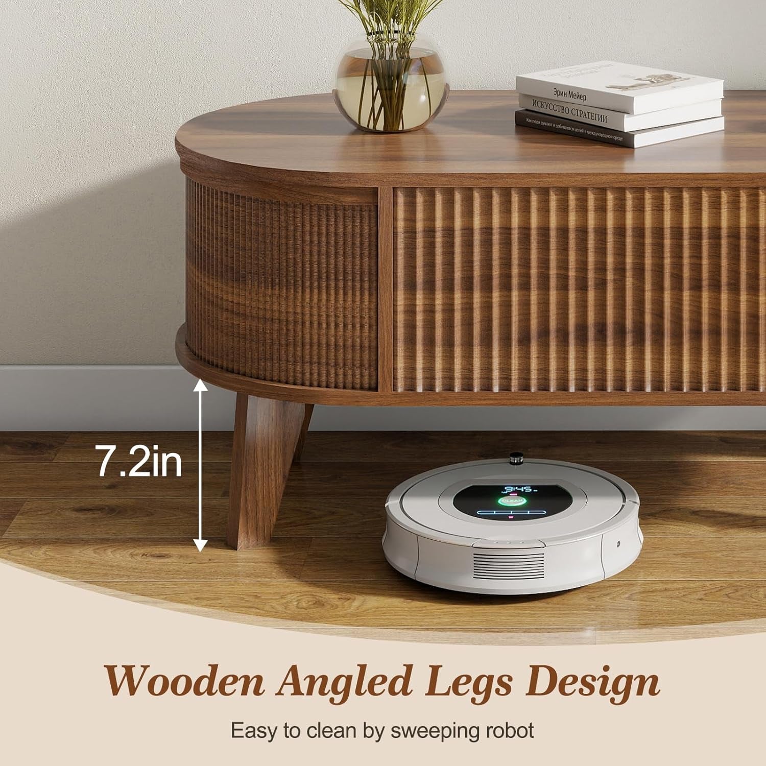 Detail of fluted panel and angled wooden leg with 7.2in clearance and a robot vacuum nearby