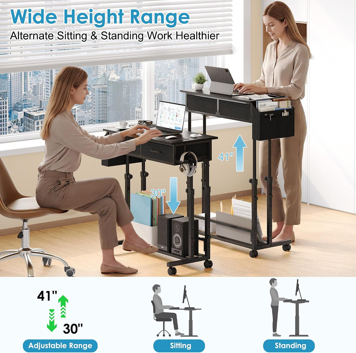 Lifestyle scene showing a person seated using the desk at low height and another person standing at full height