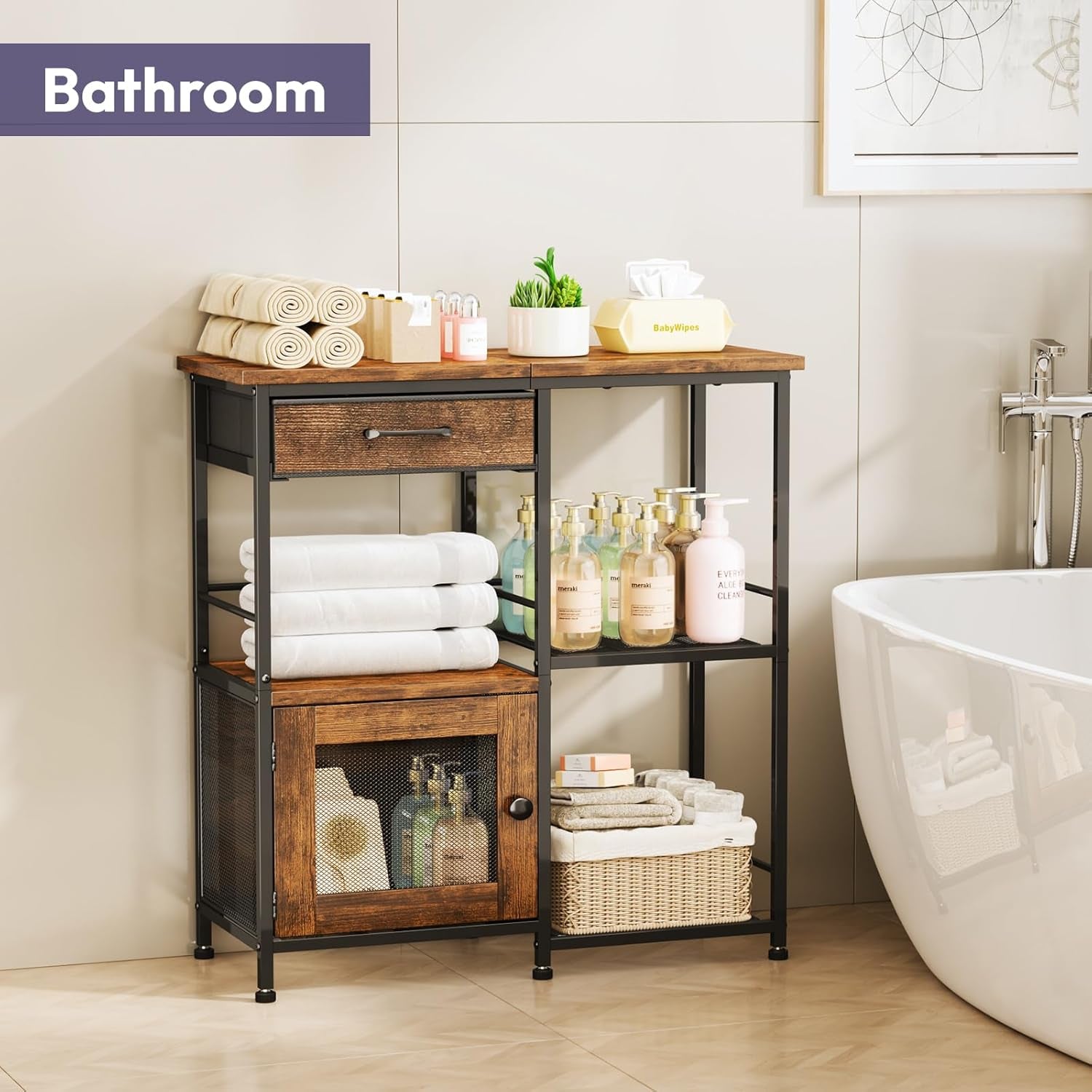 Sideboard placed in a bathroom next to a tub holding rolled towels, pump bottles and woven baskets on open shelves.