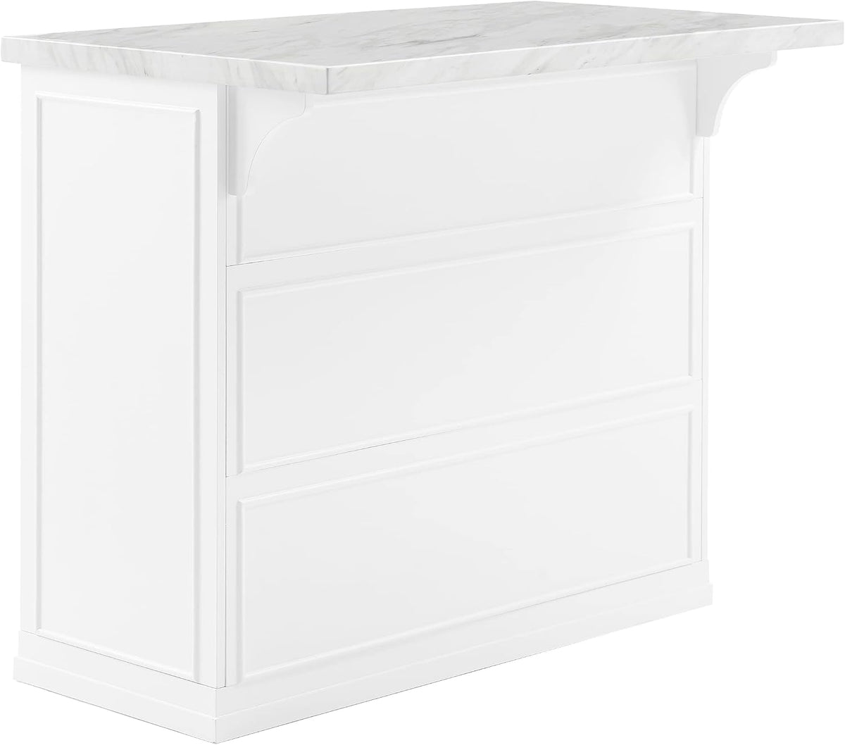 Rear and side view of island showing counter overhang with decorative corbels and paneled back
