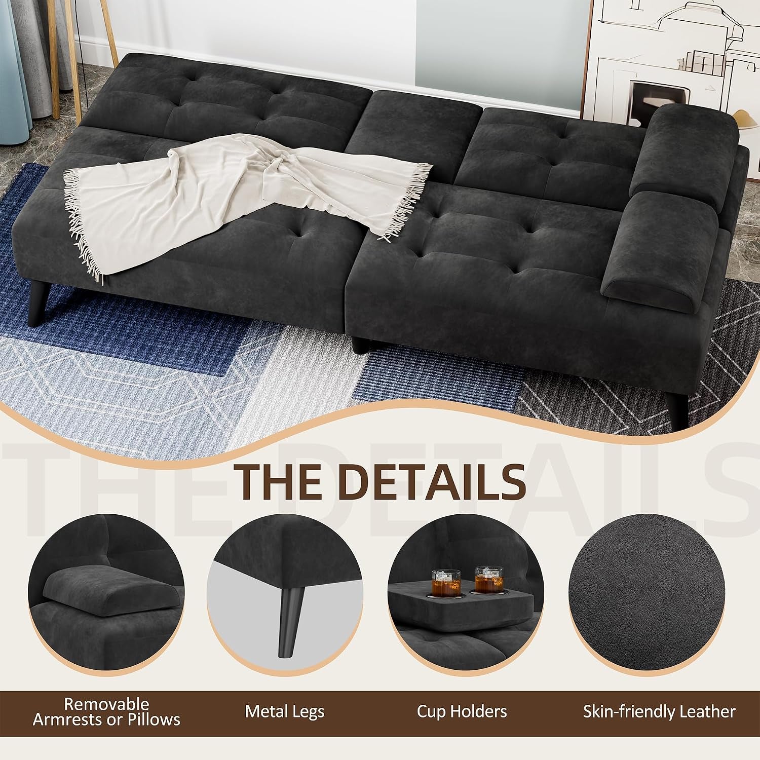 64" Futon Sofa Bed, Velvet Foldable Couch, Reclining Sleeper with Removable Armrests, Upholstered Loveseat Sofa Couch with Folding Cup Holders for Home, Office, Black