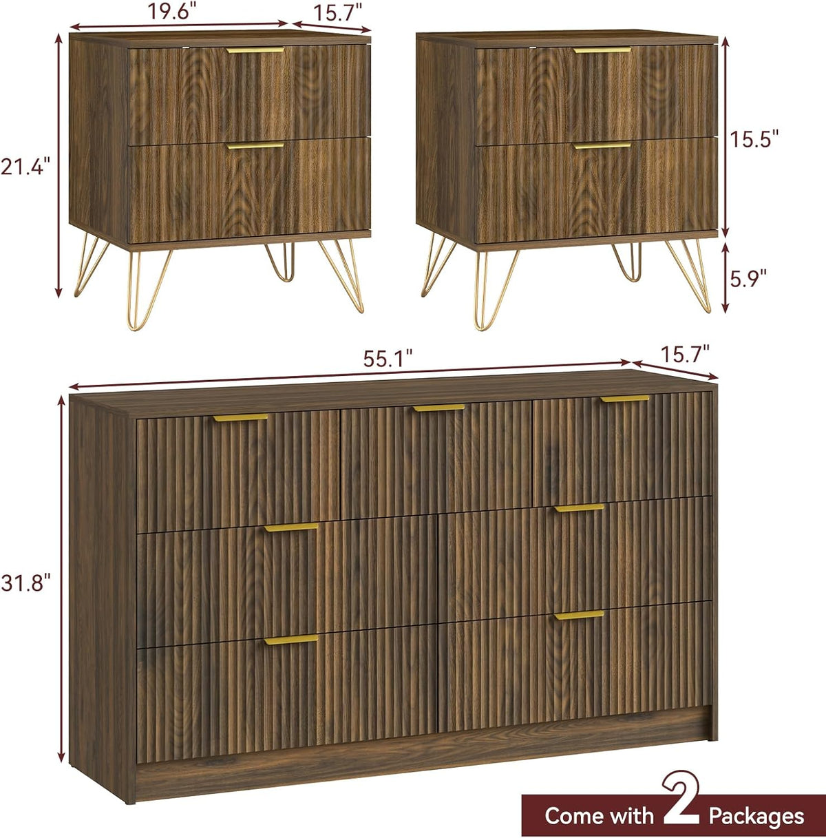 Dimension diagram showing measurements for the 55-inch fluted dresser and matching nightstands on a white background