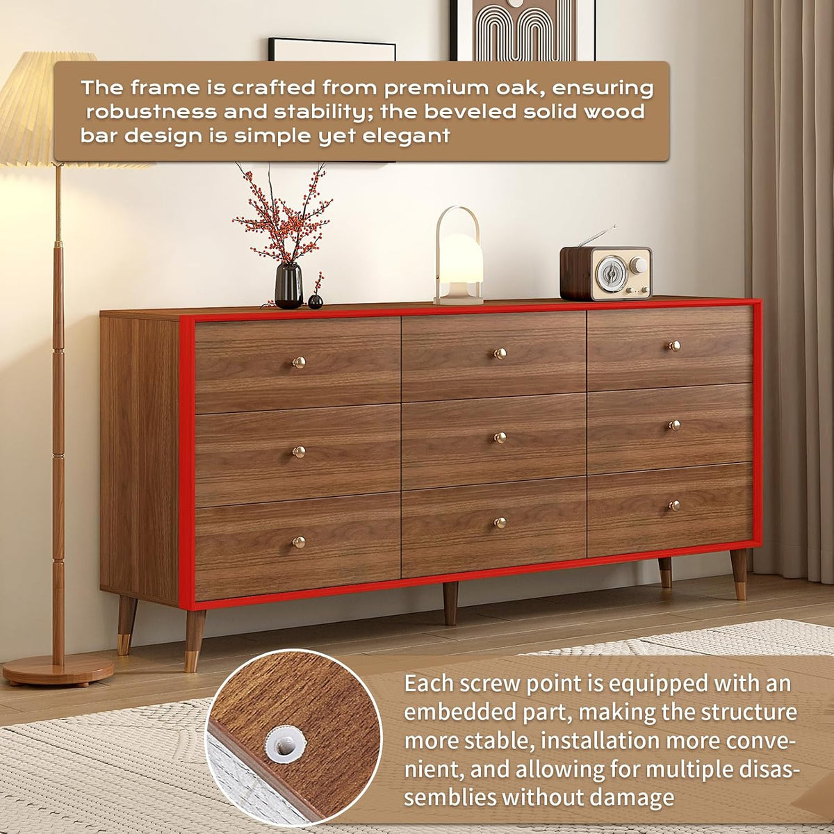 Close-up of dresser corner showing beveled frame edge, wood grain texture and a pre-embedded screw fitting