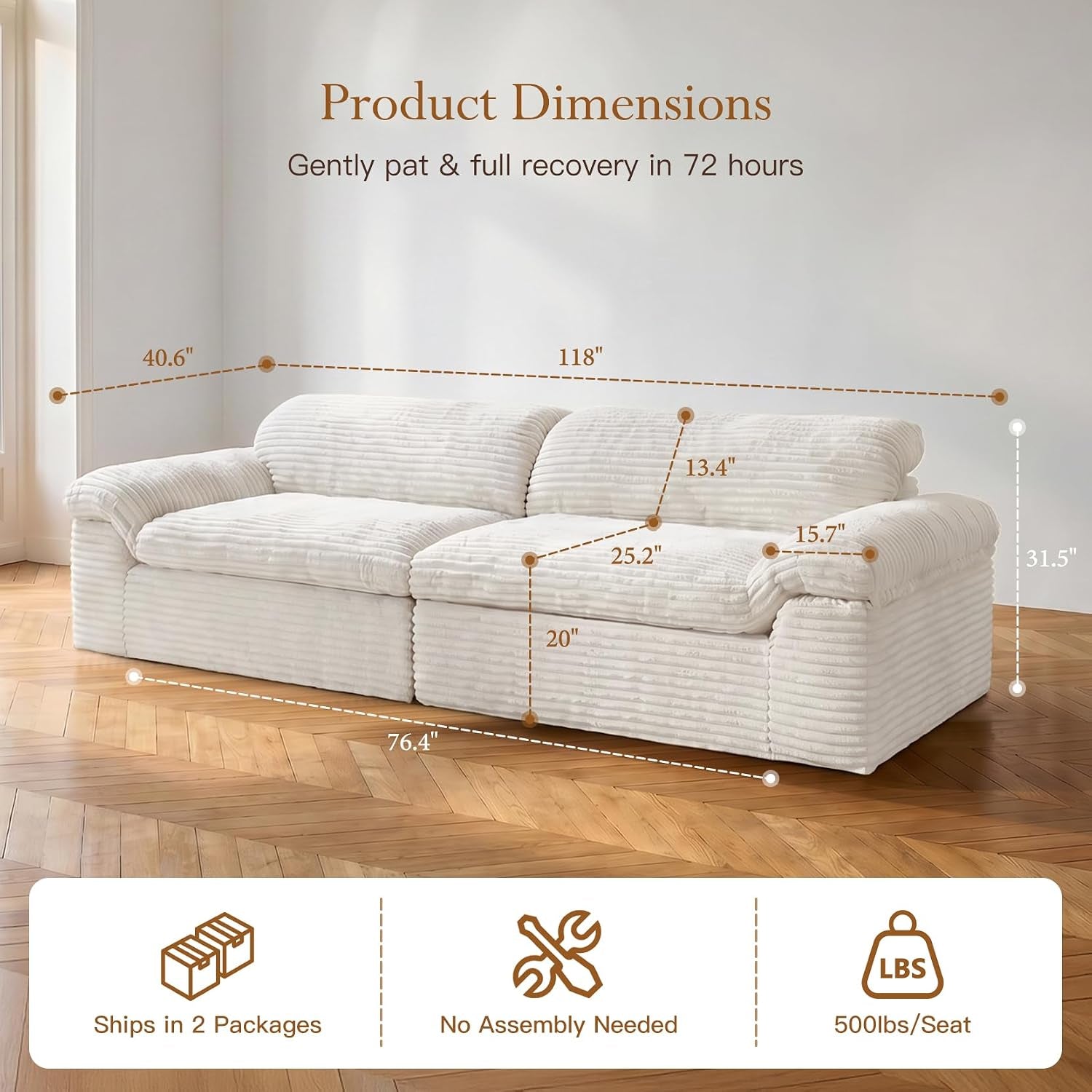 118" Cloud Boneless Couch, 3 Seater Corduroy Sofa, Beige | Modular Sectional Sofa, High-Density Foam, No Assembly Required, Curved Armrest, Apartment, Bedroom, Deep Seat, Pet-Friendly