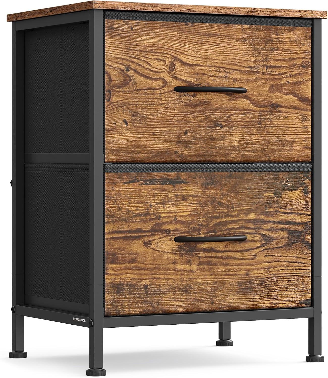 Two-drawer bedside chest with faux wood drawer fronts and black metal frame shown front-right
