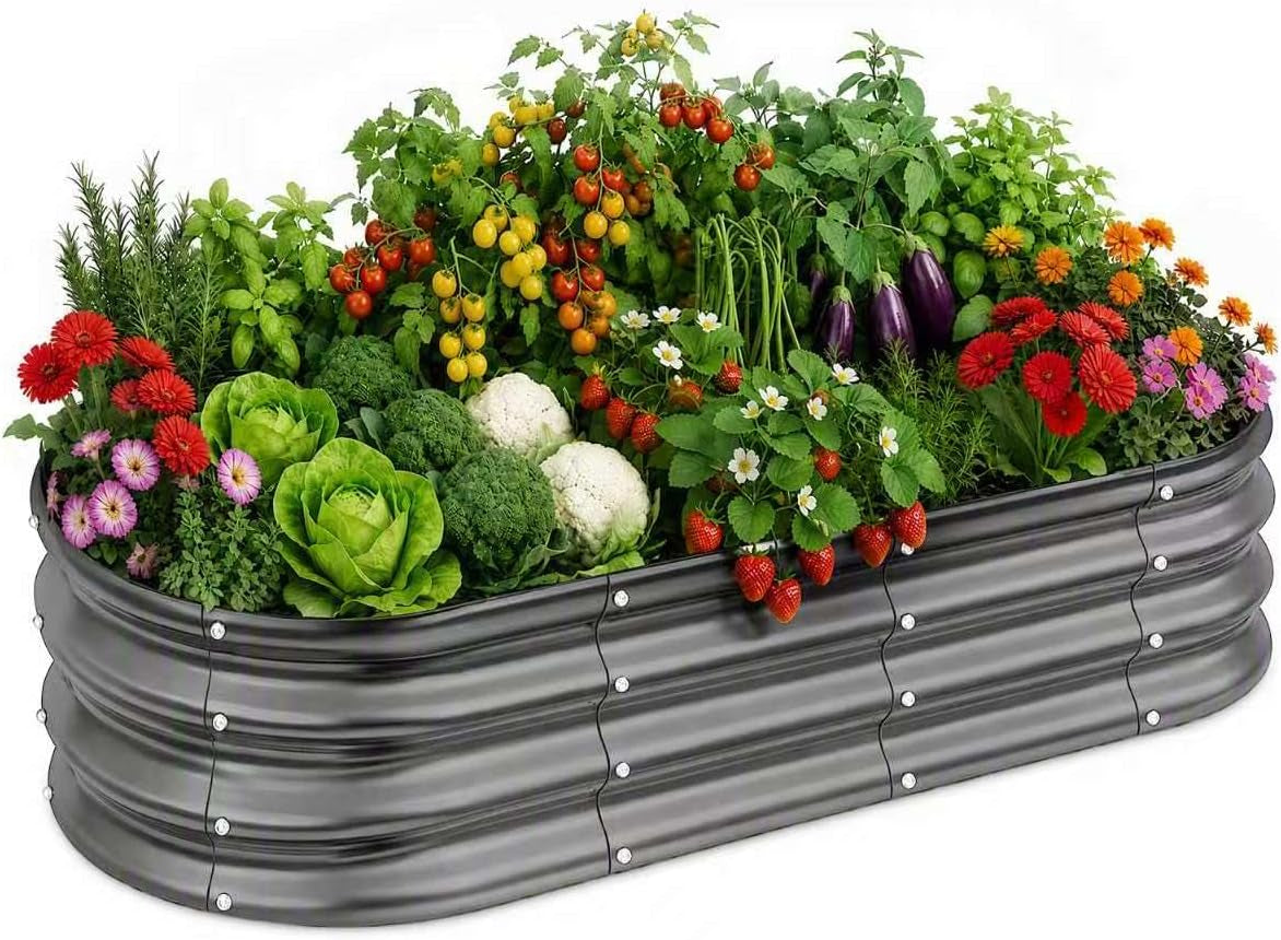 Galvanized oval planter filled with a variety of vegetables and flowers overflowing the top