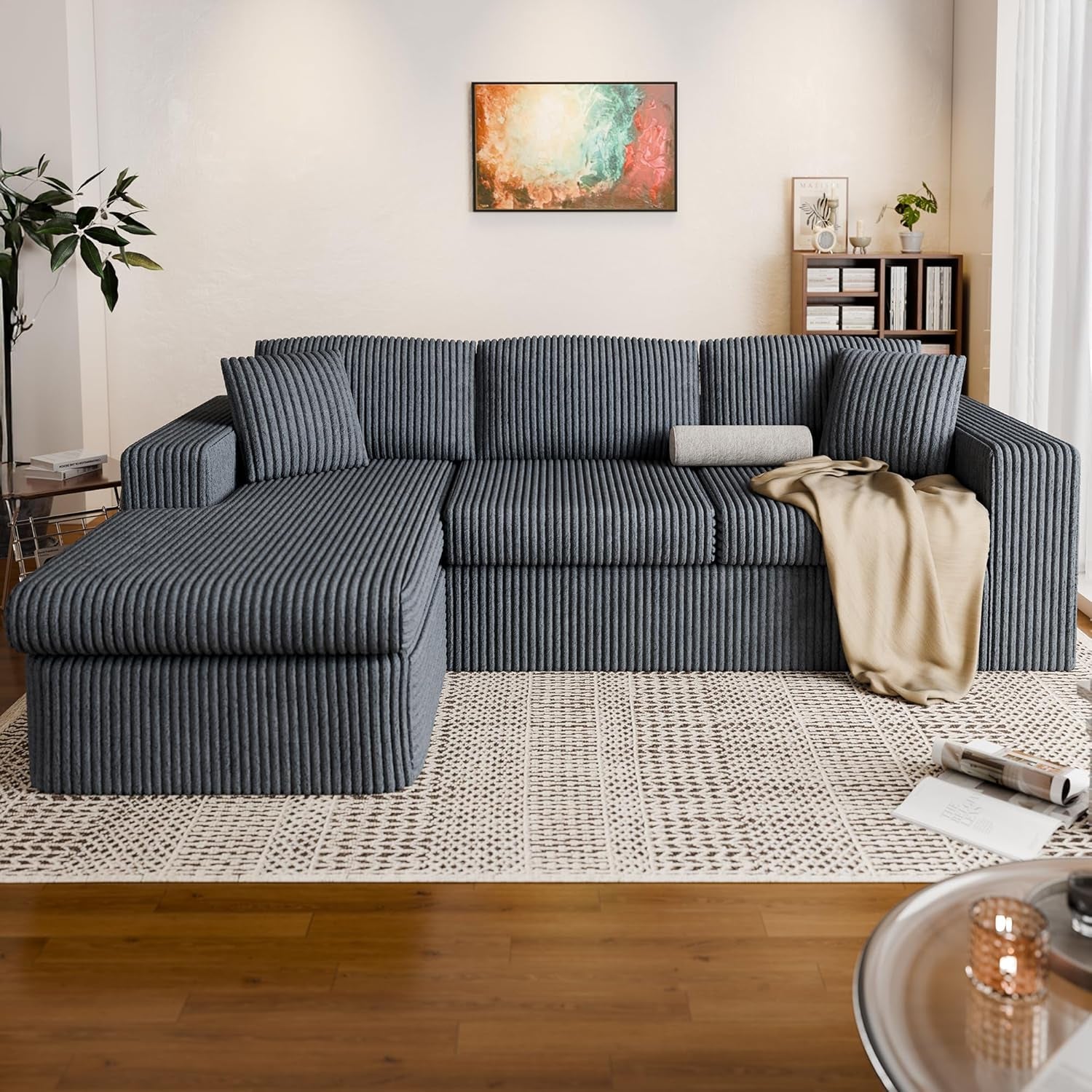 105" Boneless Couches for Living Room,Sectional Couches Modular Sofa with L-Shaped Chaise, Memory Foam Comfy Cloud Couch with Plush Corduroy Fabric, No Assembly Required, (Dark Grey)