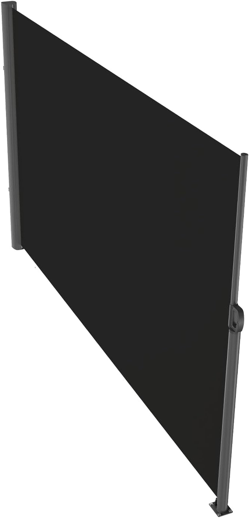 Angled perspective of the extended black awning showing the vertical poles, floor mounting base and side handle on a white