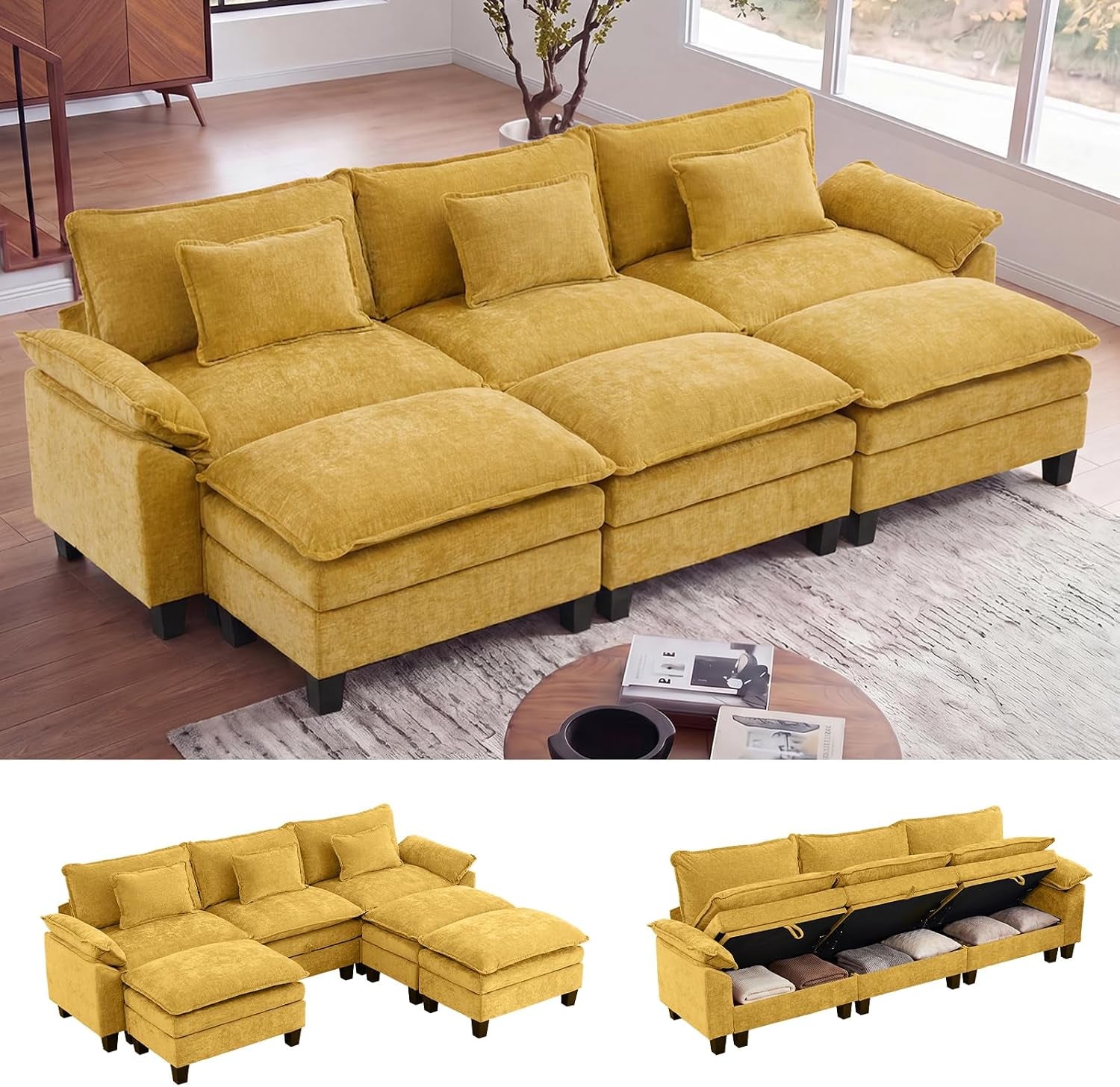 Mustard-yellow modular sectional displayed as a three-seat sofa with matching ottomans in a living room