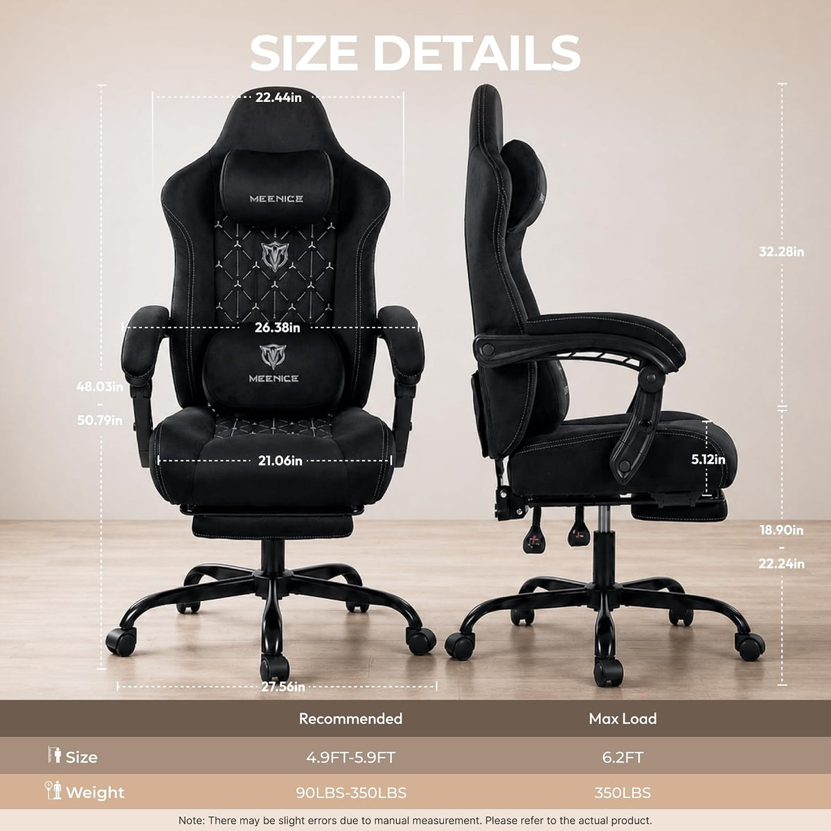 Two-view diagram of the gaming chair showing front and side profiles with size detail overlays