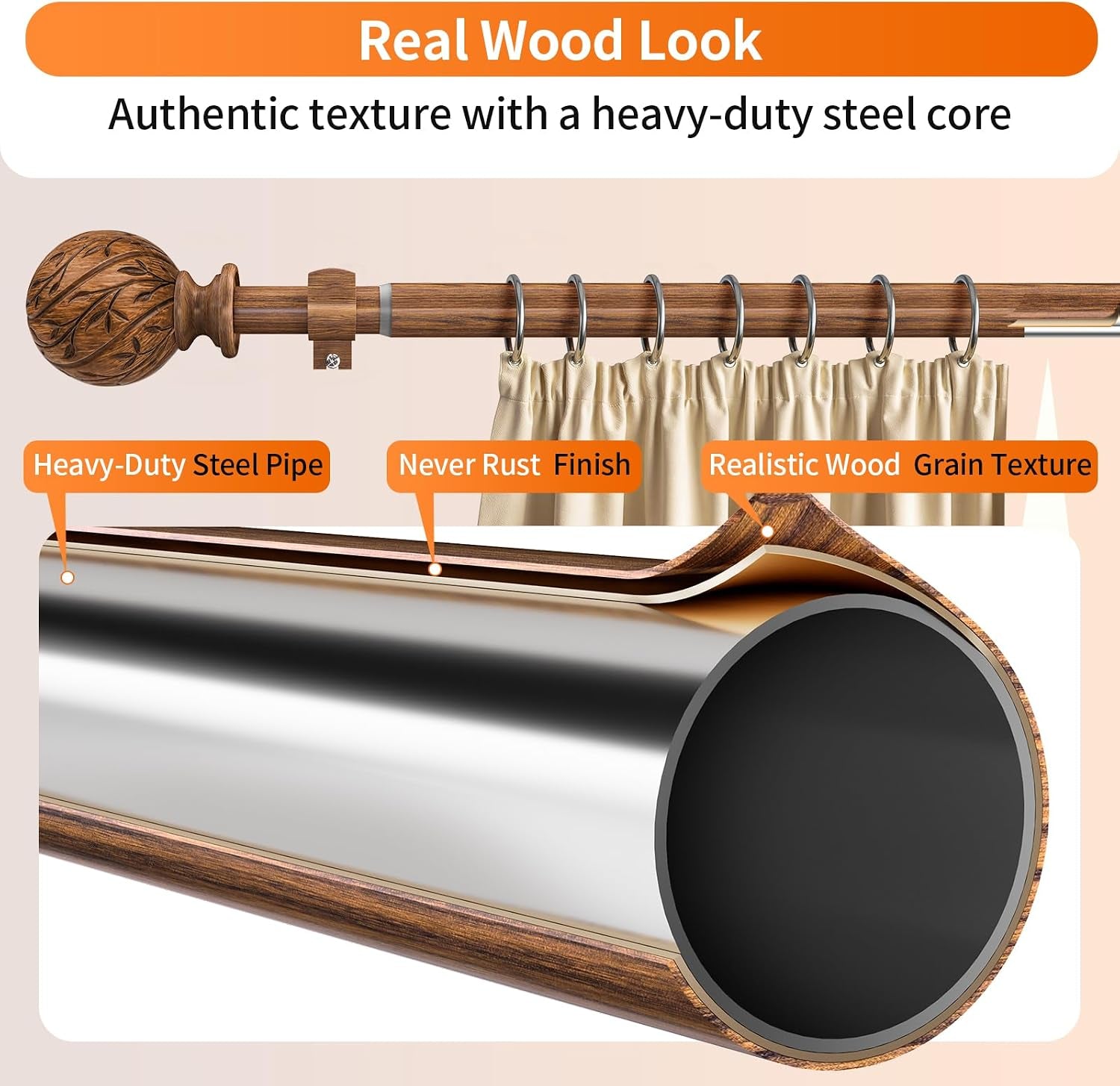 Cross-section illustration of the 1-inch metal core pipe with a hand-painted wood-grain coating and smooth outer finish.
