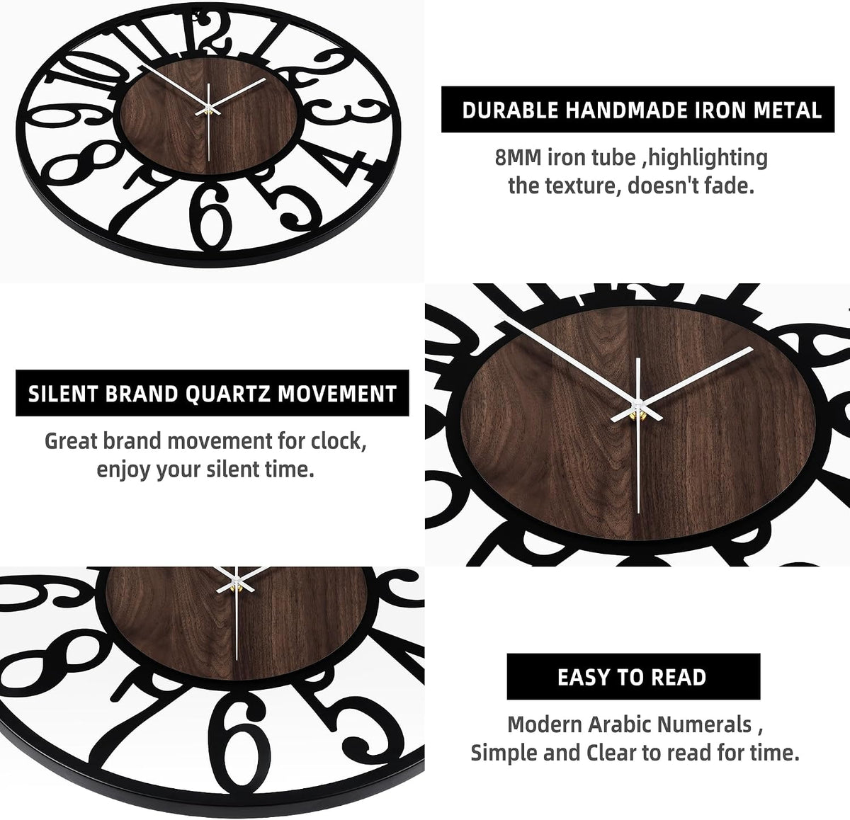 Collage of clock close-ups showing the wood-effect center, white hands and cutout numerals on a white backdrop