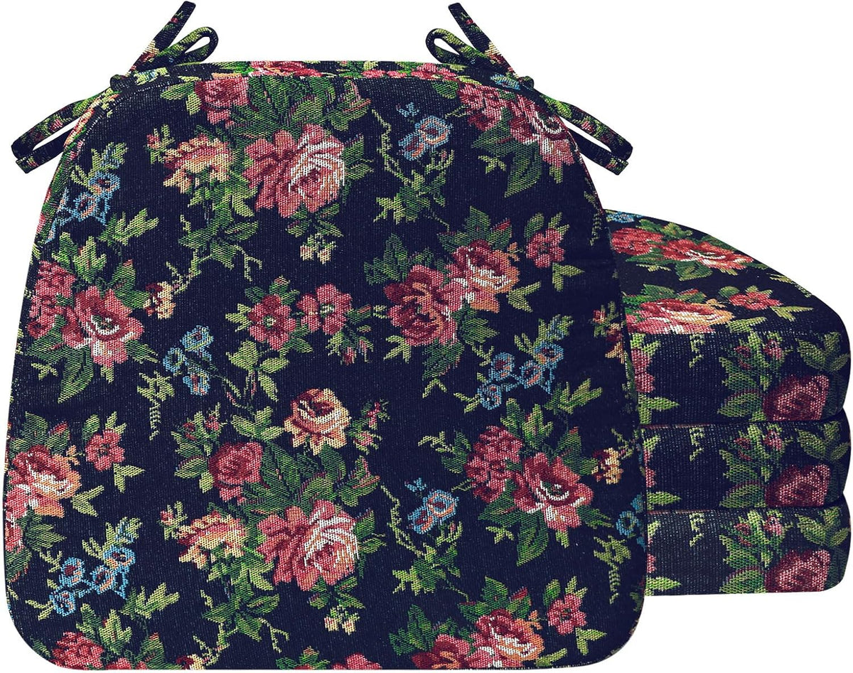 Front floral-patterned D-shaped chair cushion with three matching cushions stacked behind it.