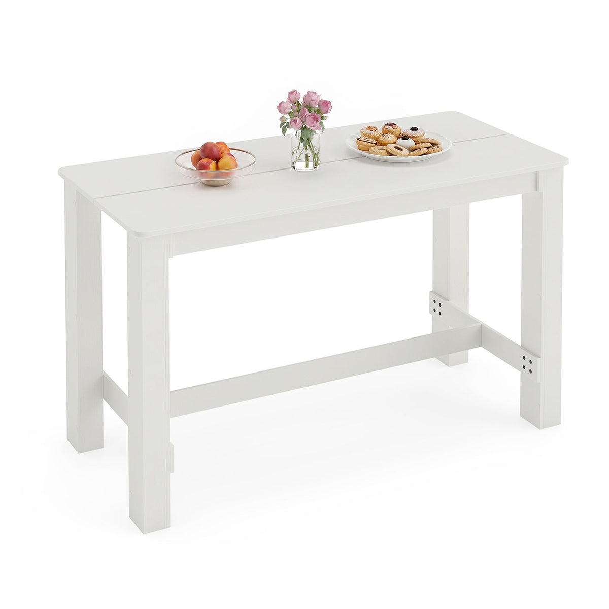 White rectangular dining table displayed with fruit and flowers on a white background