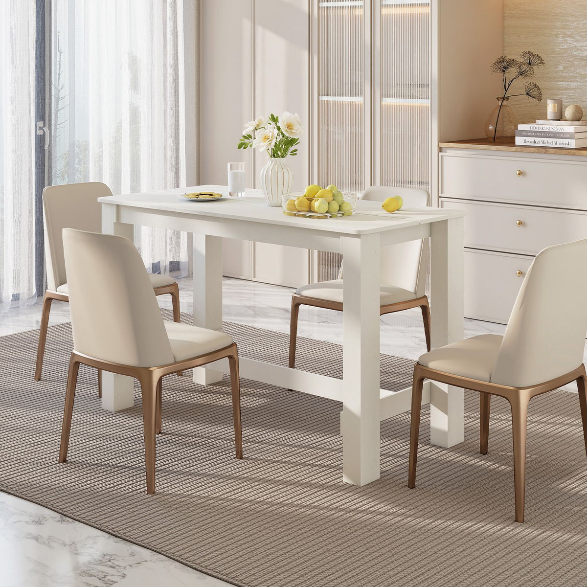 White rectangular dining table surrounded by chairs in a modern dining room