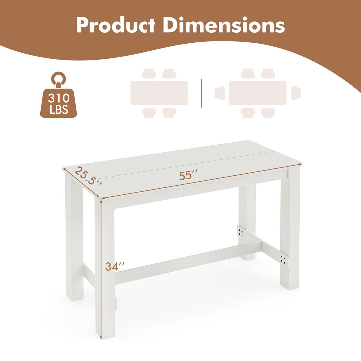 White rectangular table with tabletop dimension labels shown in a product graphic