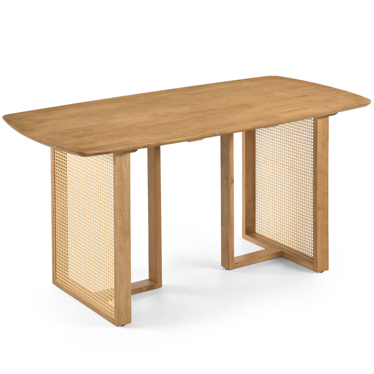 Dining table shown alone against a white background, with rounded corners and woven side panels.
