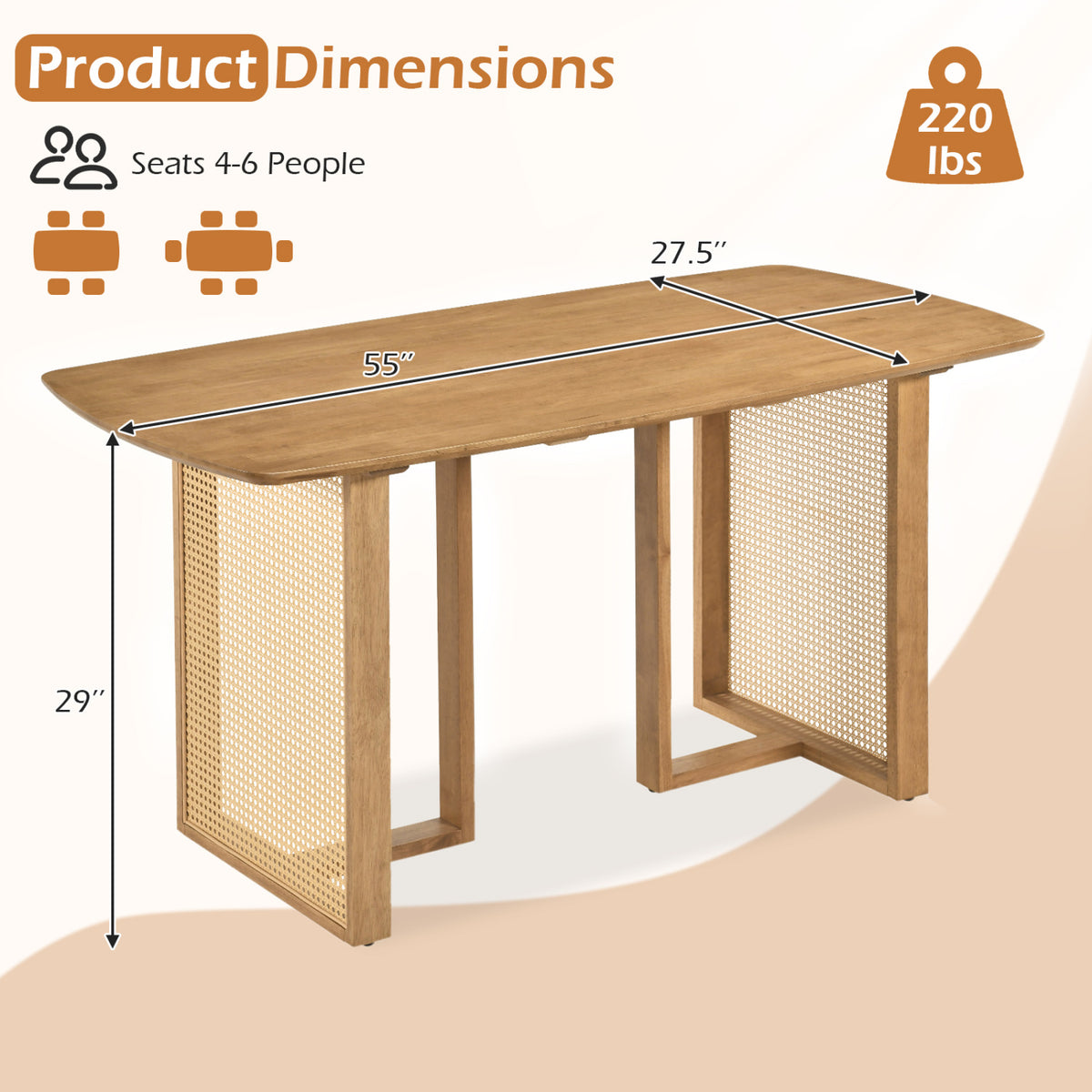 Wood dining table shown with measurement arrows and small seating icons on a white background.