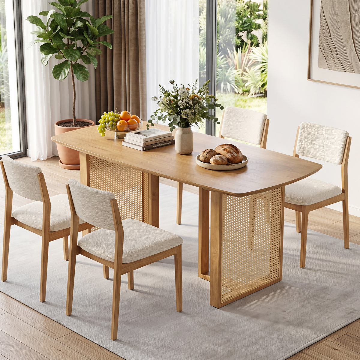 Rounded wood dining table with woven panel bases surrounded by four upholstered chairs in a bright room.