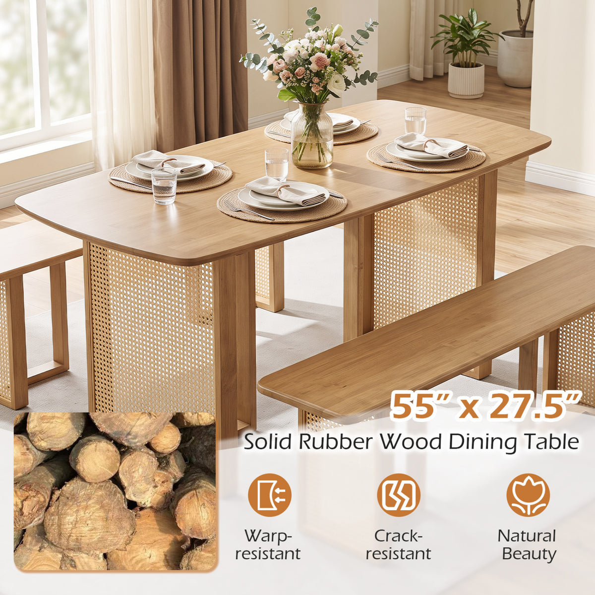 Close view of the wood tabletop and woven panel base, with a wood-log inset and feature icons below.