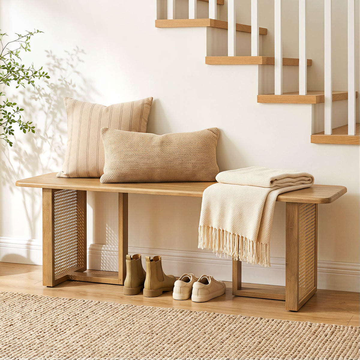 Natural wood bench with woven side panels styled with cushions and a throw beneath a staircase.