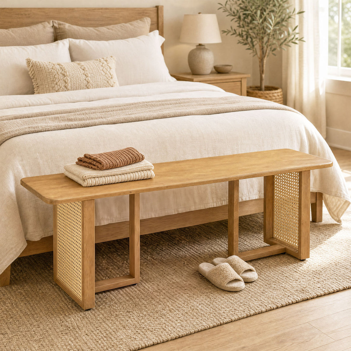 Long natural wood bench with woven side panels placed at the foot of a bed.