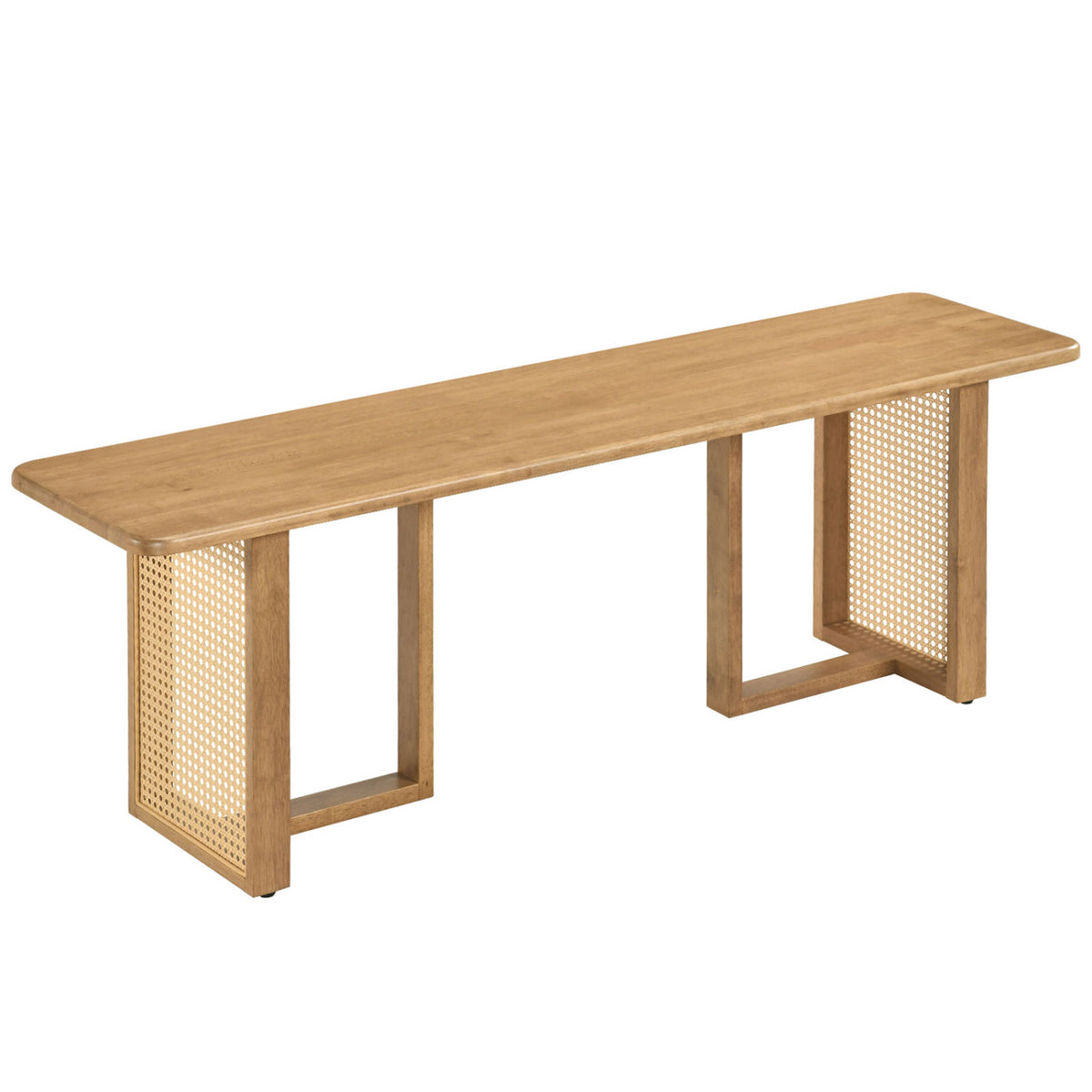 Natural wood bench shown alone against a white background, with woven panels on its end supports.