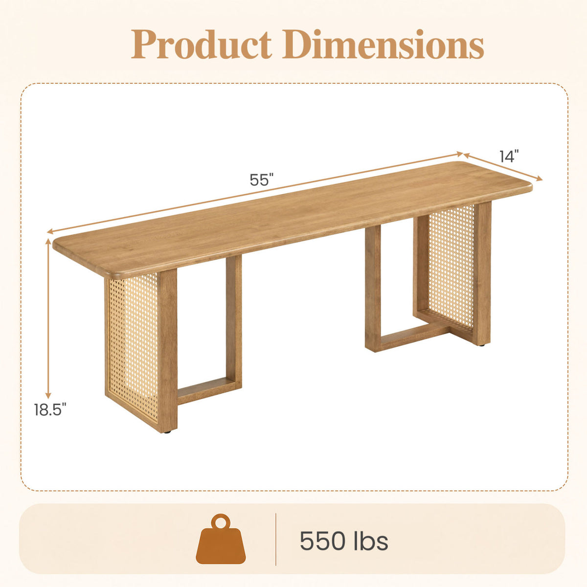 Bench illustration with measurement arrows indicating its length, depth, and height.