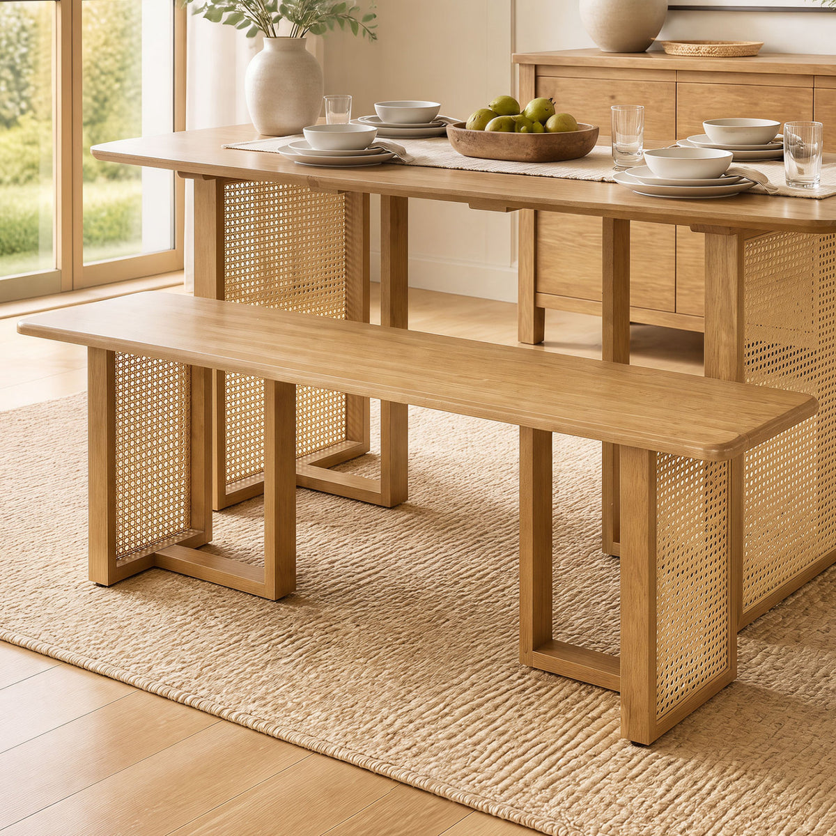 Natural wood bench with woven side panels beside a dining table in a bright dining room.