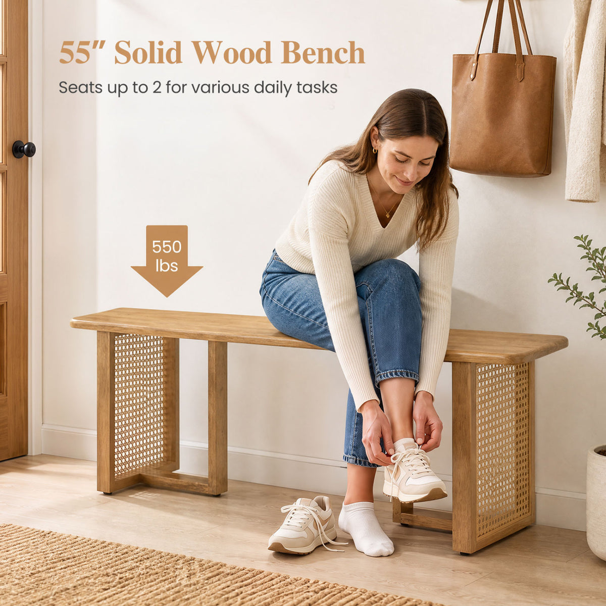 A woman sits on the woven-panel bench while tying her shoe.