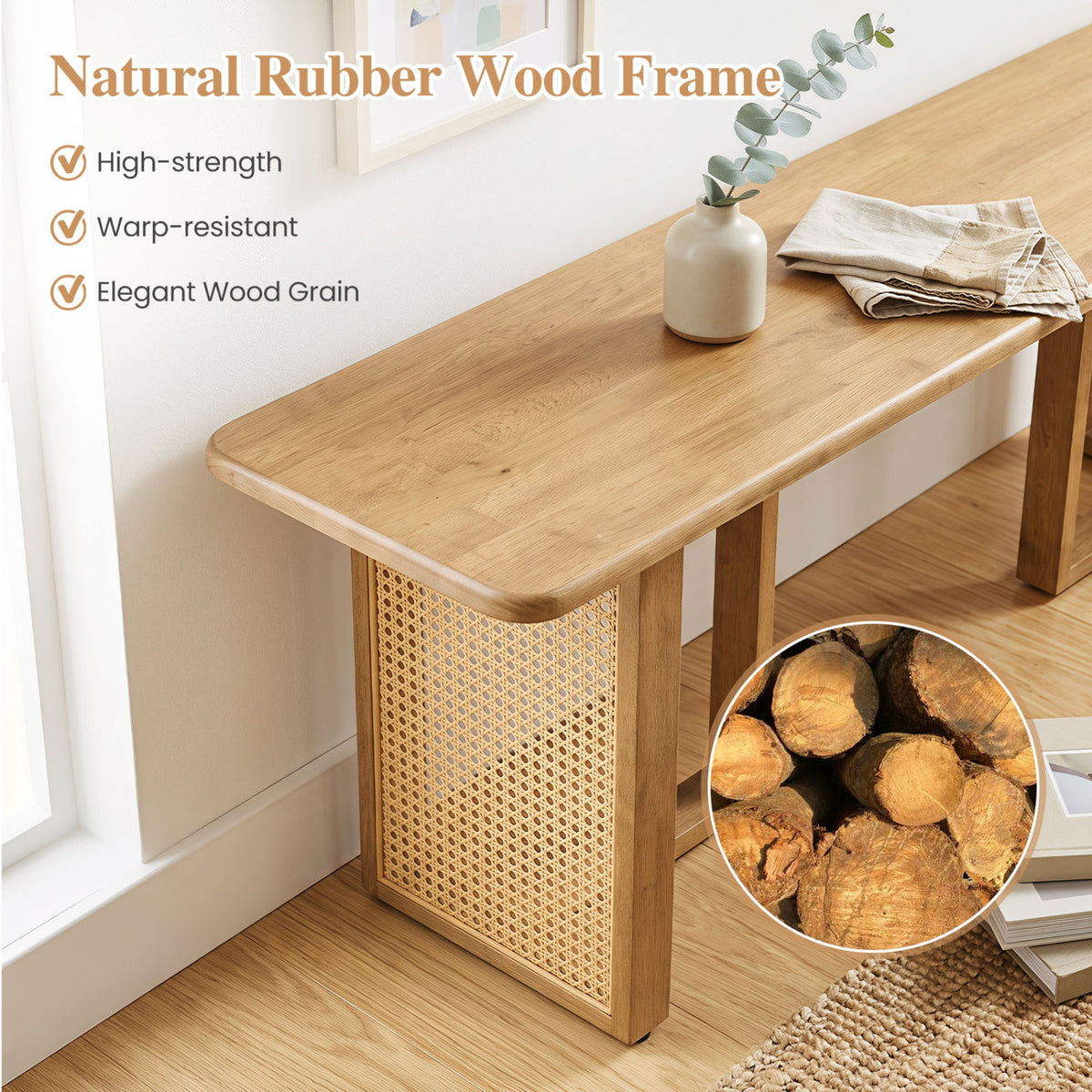 Close view of the bench’s wood-grain seat and woven panel, with a circular wood inset.
