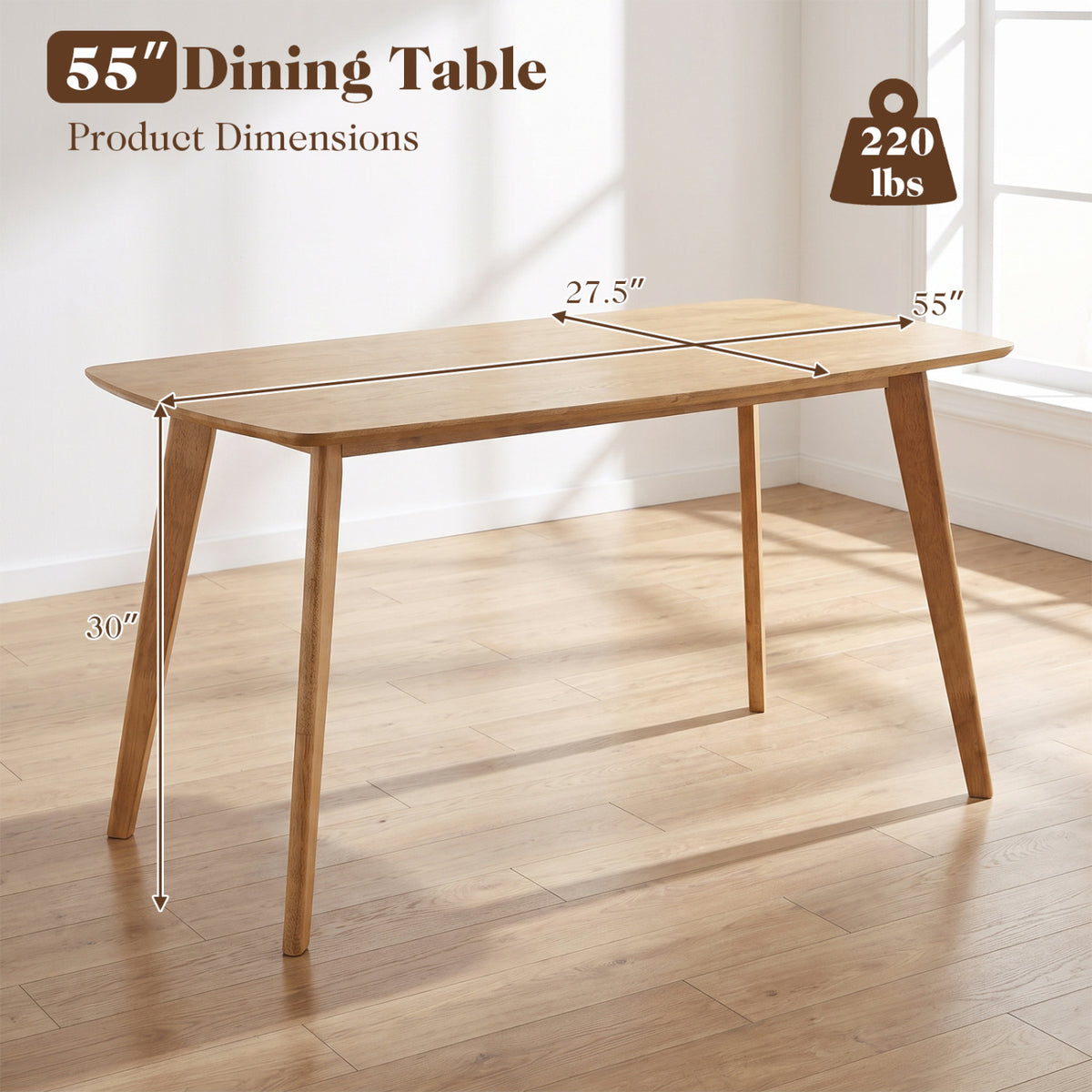 Natural wood dining table with dimension and weight-capacity markings