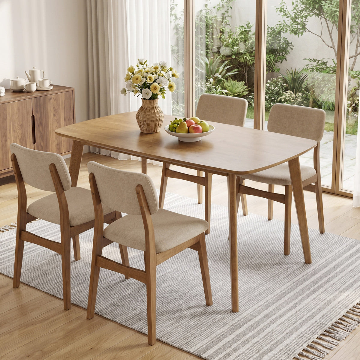 Natural wood dining table surrounded by upholstered chairs in a dining room