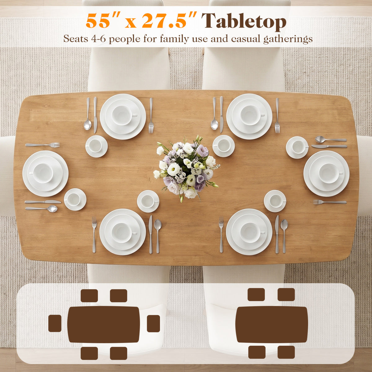 Overhead view of a natural wood dining table set for six