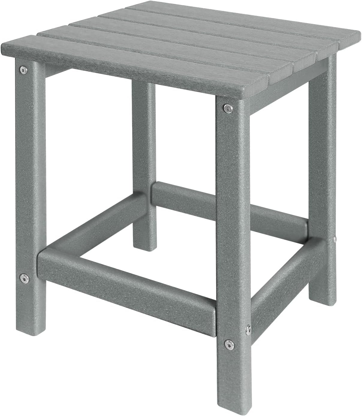 Three-quarter view of a gray slatted two-tier outdoor side table shown against a white background.